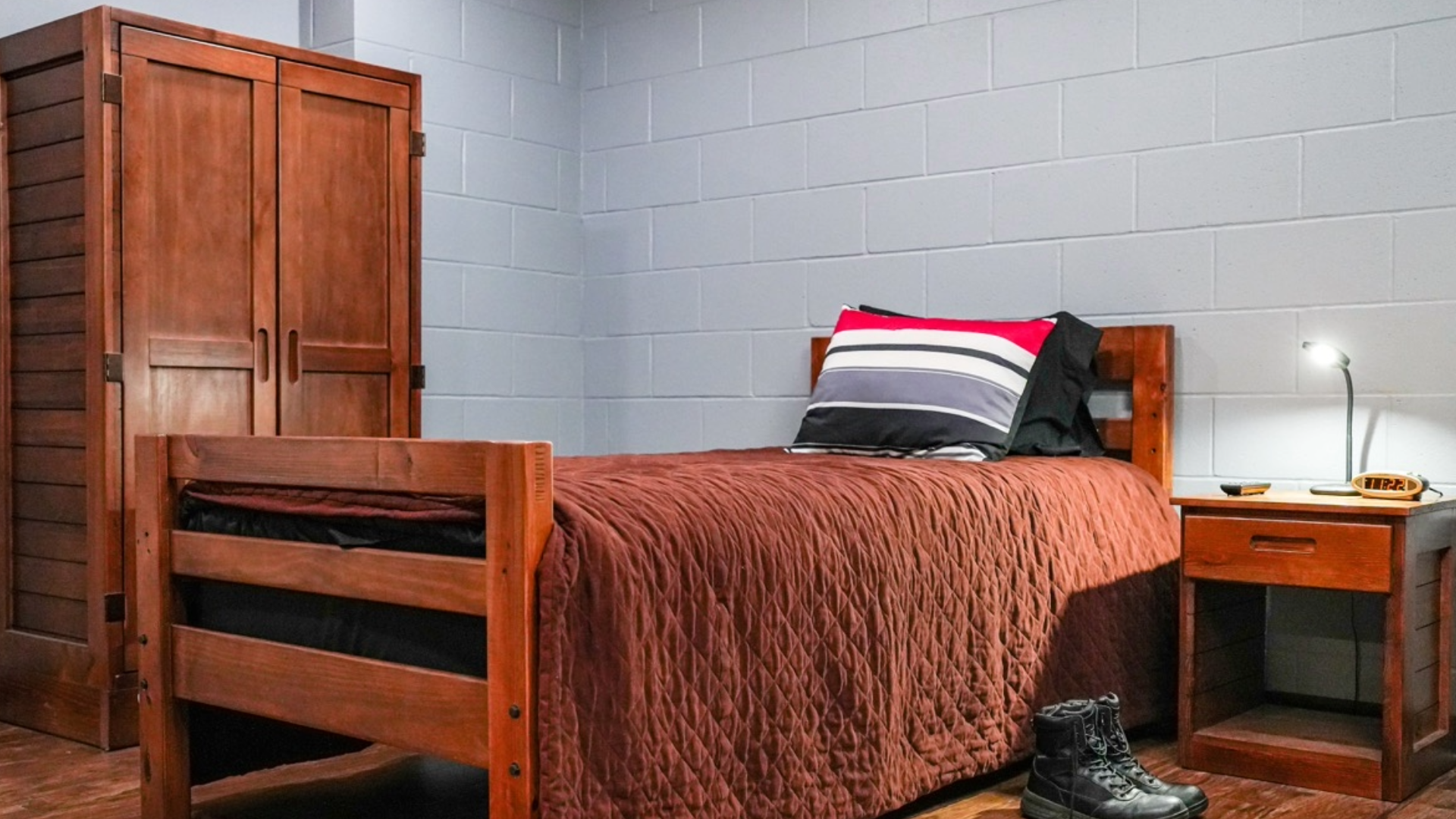 sturdy fire department furniture wooden half bunk and wooden wardrobe with rich cherry finish fire station bunkroom furniture