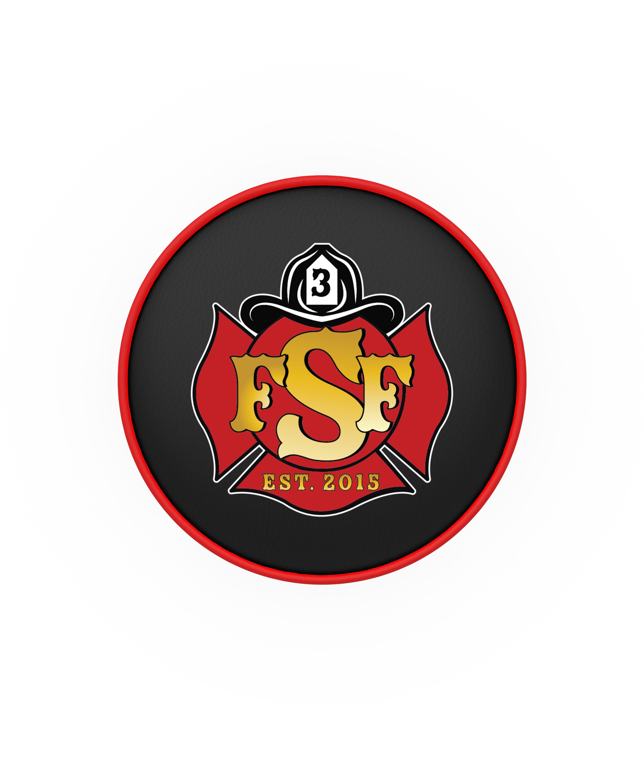 Top view of custom firefighter barstool for the fire department with double ring swivel and logo printed on padded seat