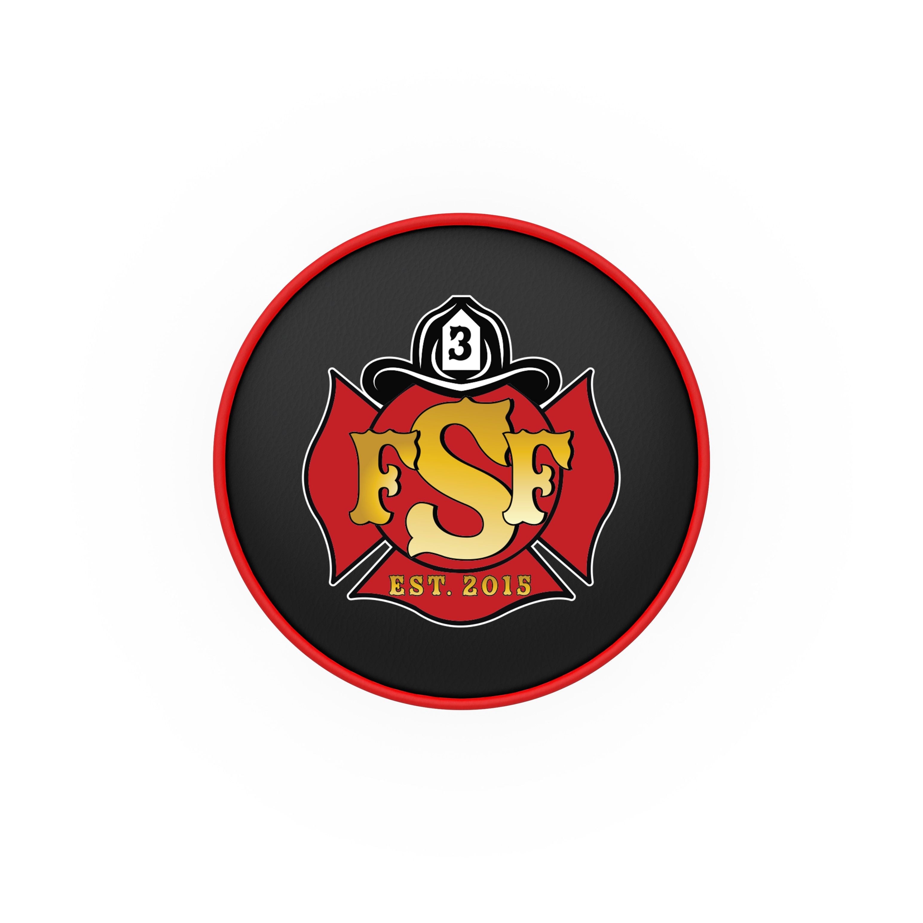 Top view of custom firefighter barstool for the fire department with double ring swivel and logo printed on padded seat