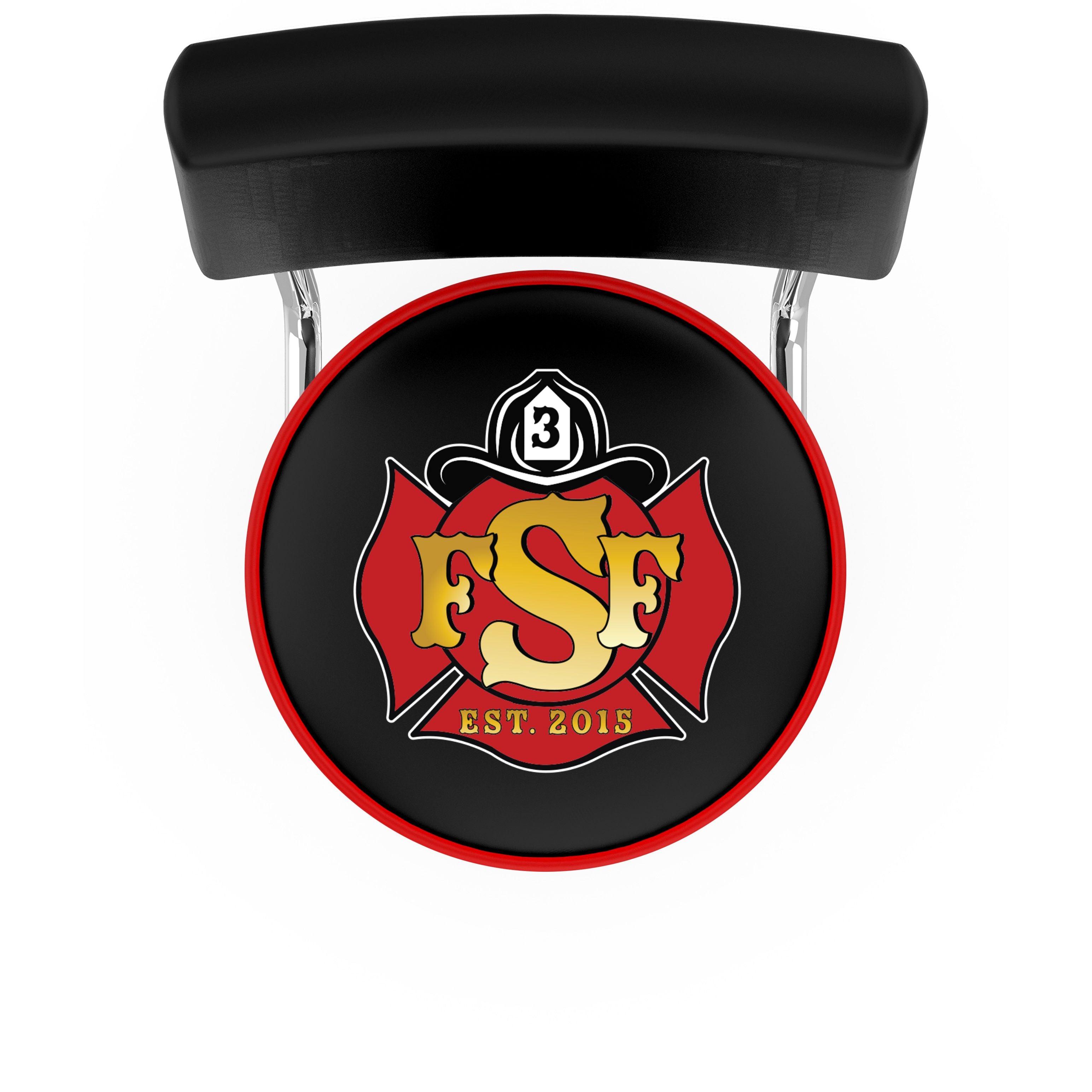 Top view of custom firehouse barstool with back for the fire department with double ring swivel and logo printed on padded seat