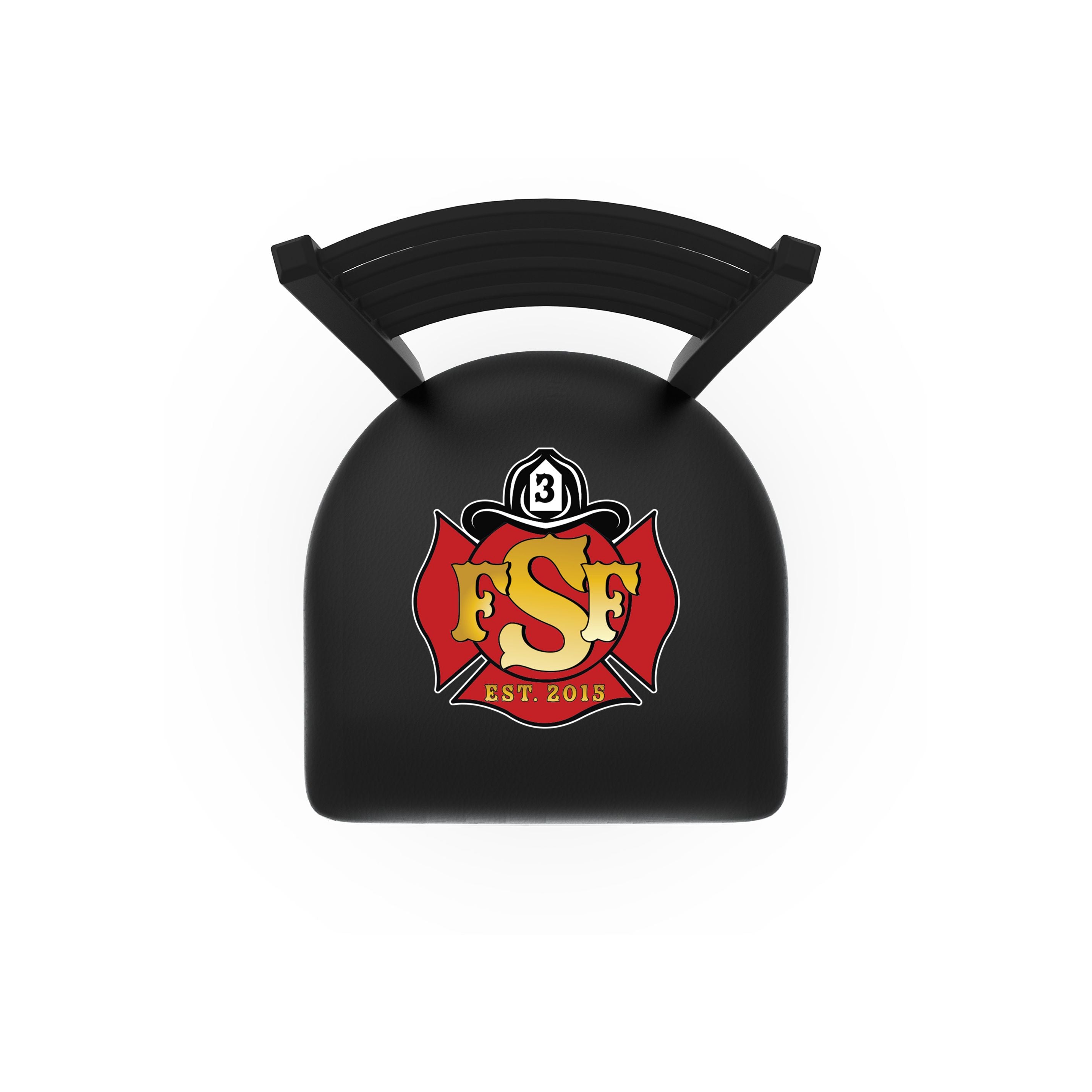 Top view of a custom logo fire station dining chair with logo printed on padded seat