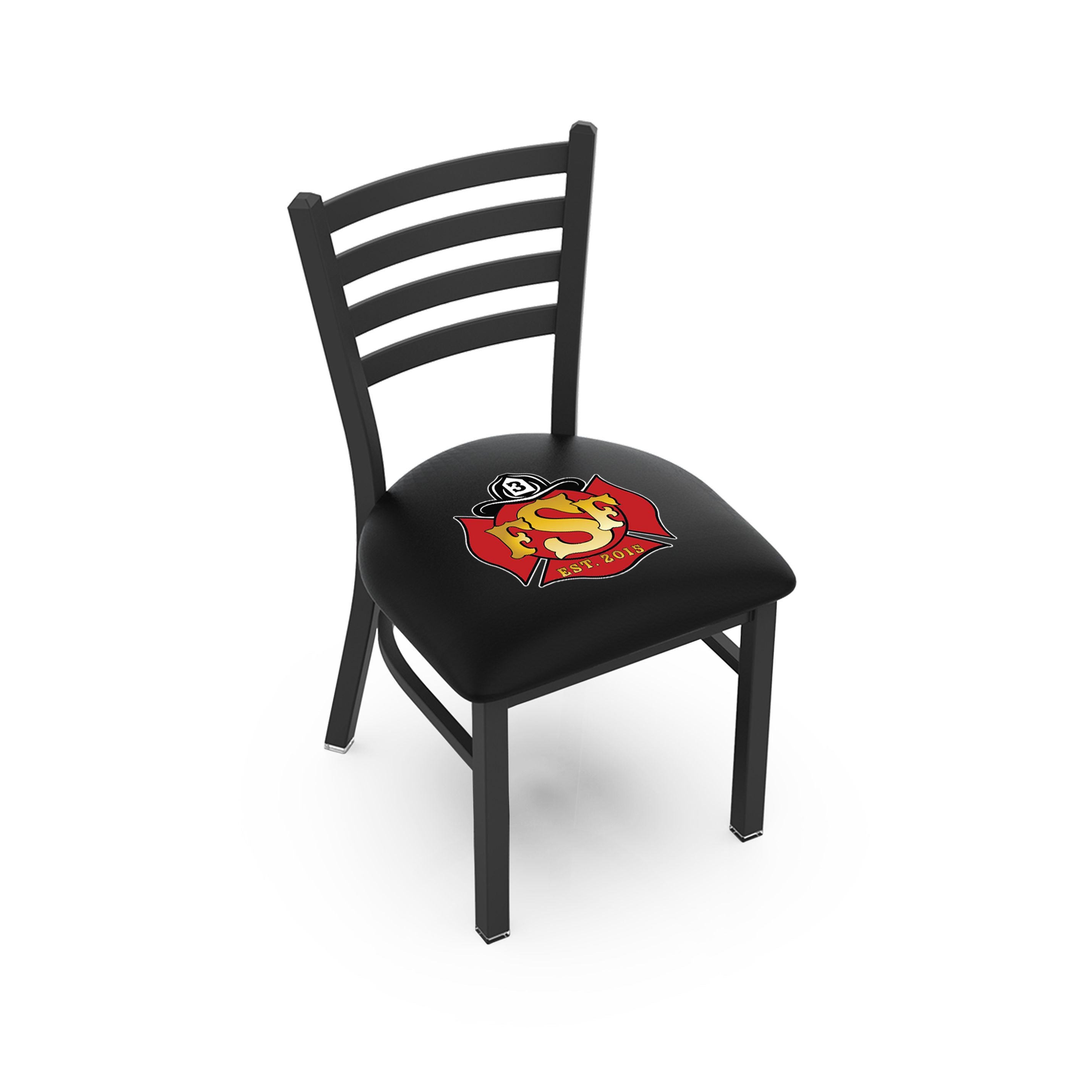 Black, custom logo fire station dining chair with logo printed on padded seat