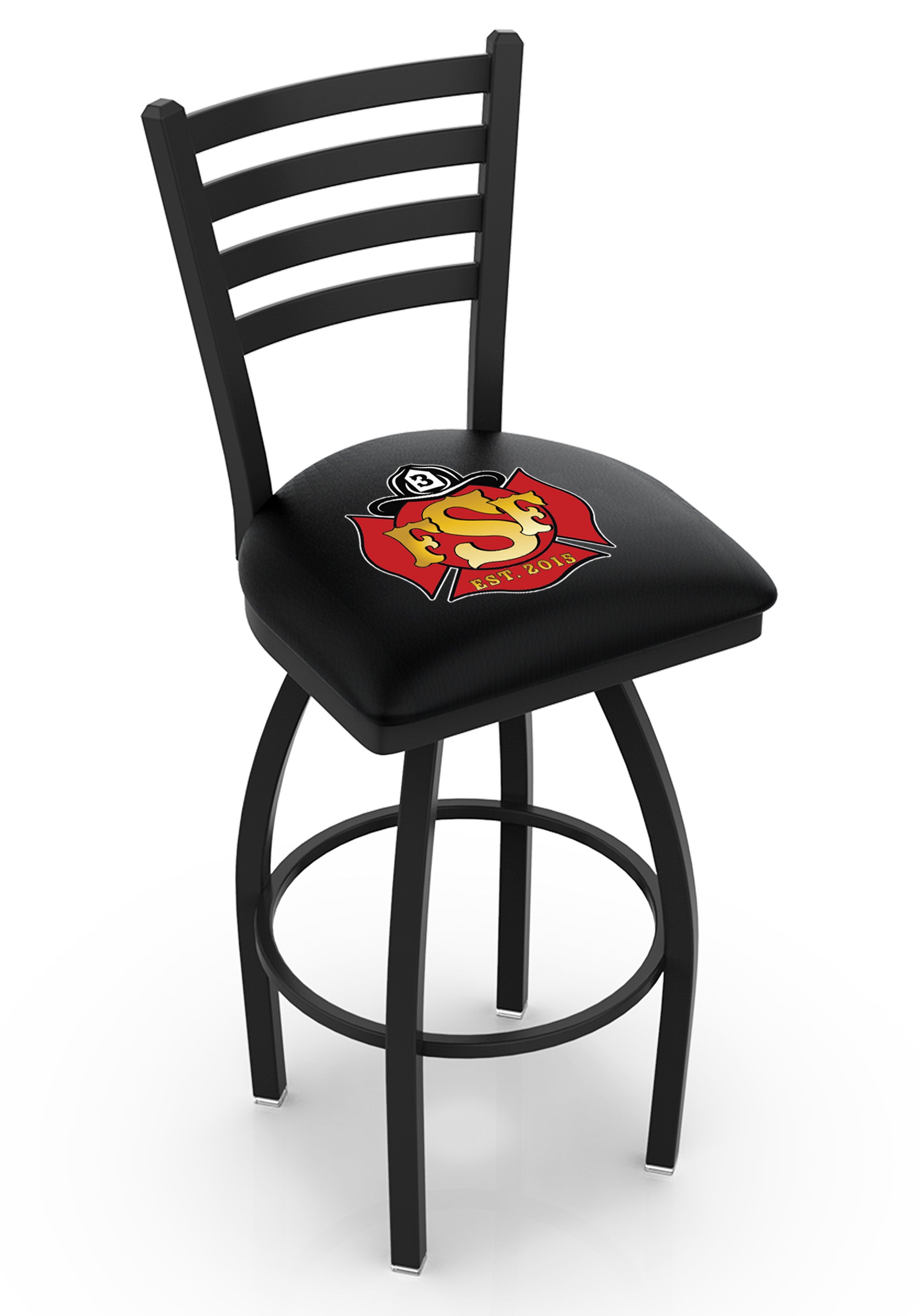 Black custom ladder-back swivel fire station barstool with logo on padded seat