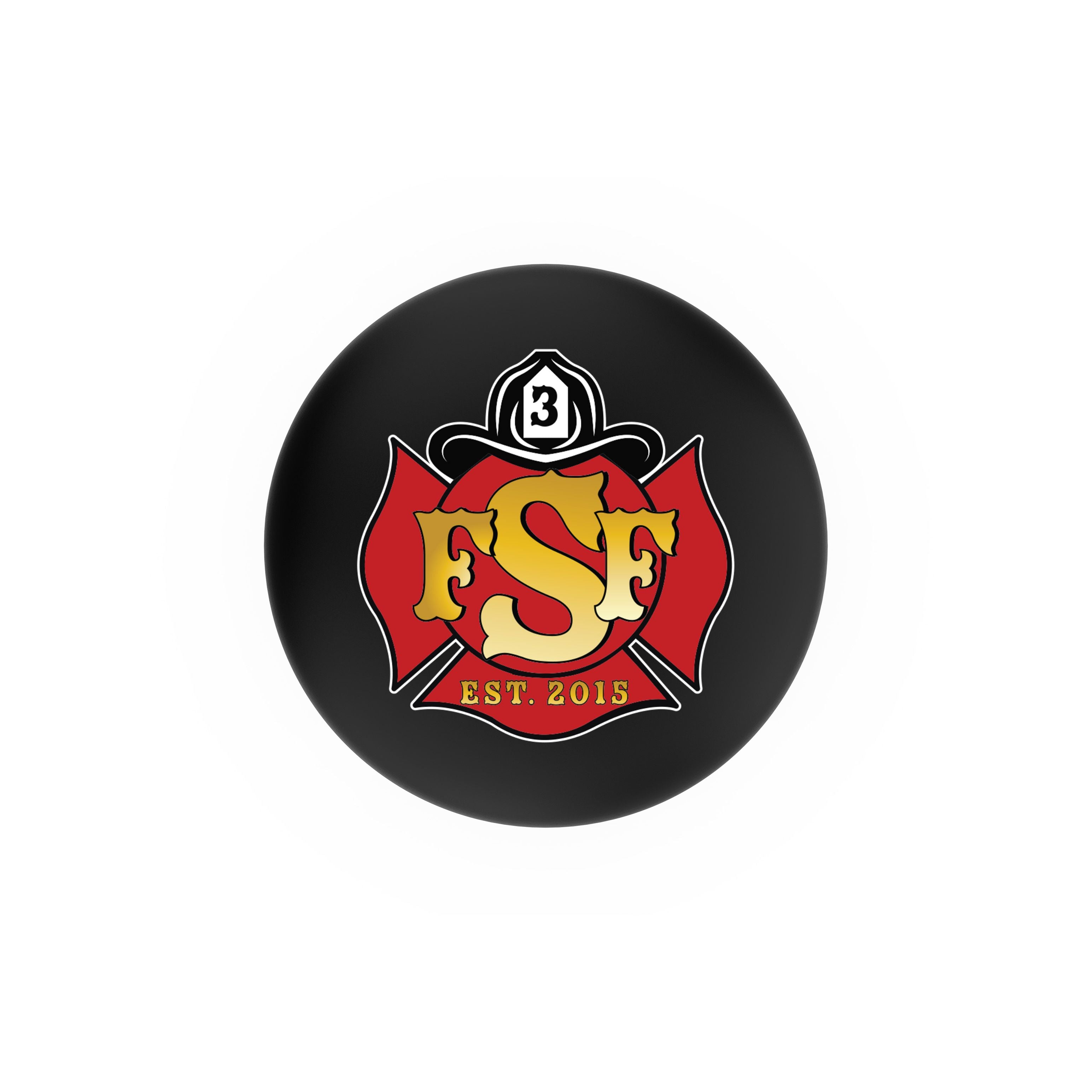 Top view of custom firefighter furniture barstool with swivel and custom logo on padded seat