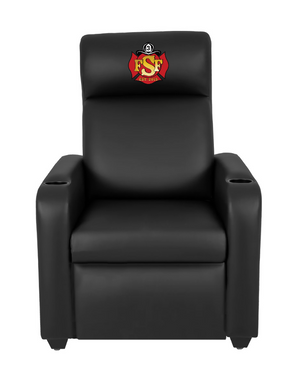 Black, hospitality-grade synthetic leather, custom firefighter recliner with embroidered firehouse logo