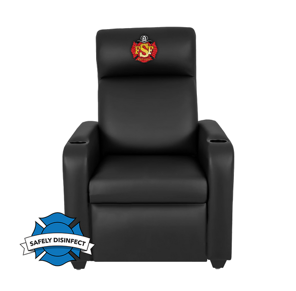 Black, hospitality-grade synthetic leather, custom firefighter recliner with embroidered firehouse logo
