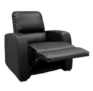 Angled side view of black firehouse recliner with footrest reclined
