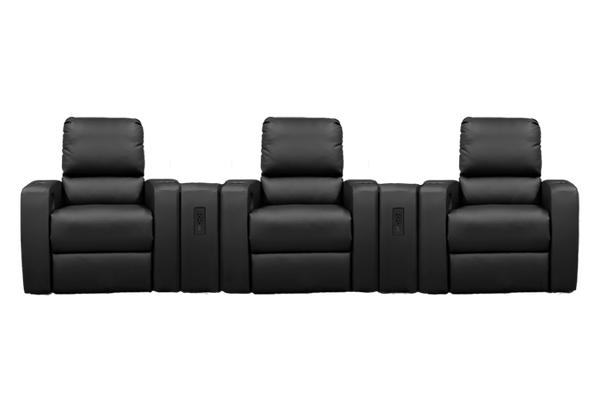 Front view of black theater seating with three firehouse recliners