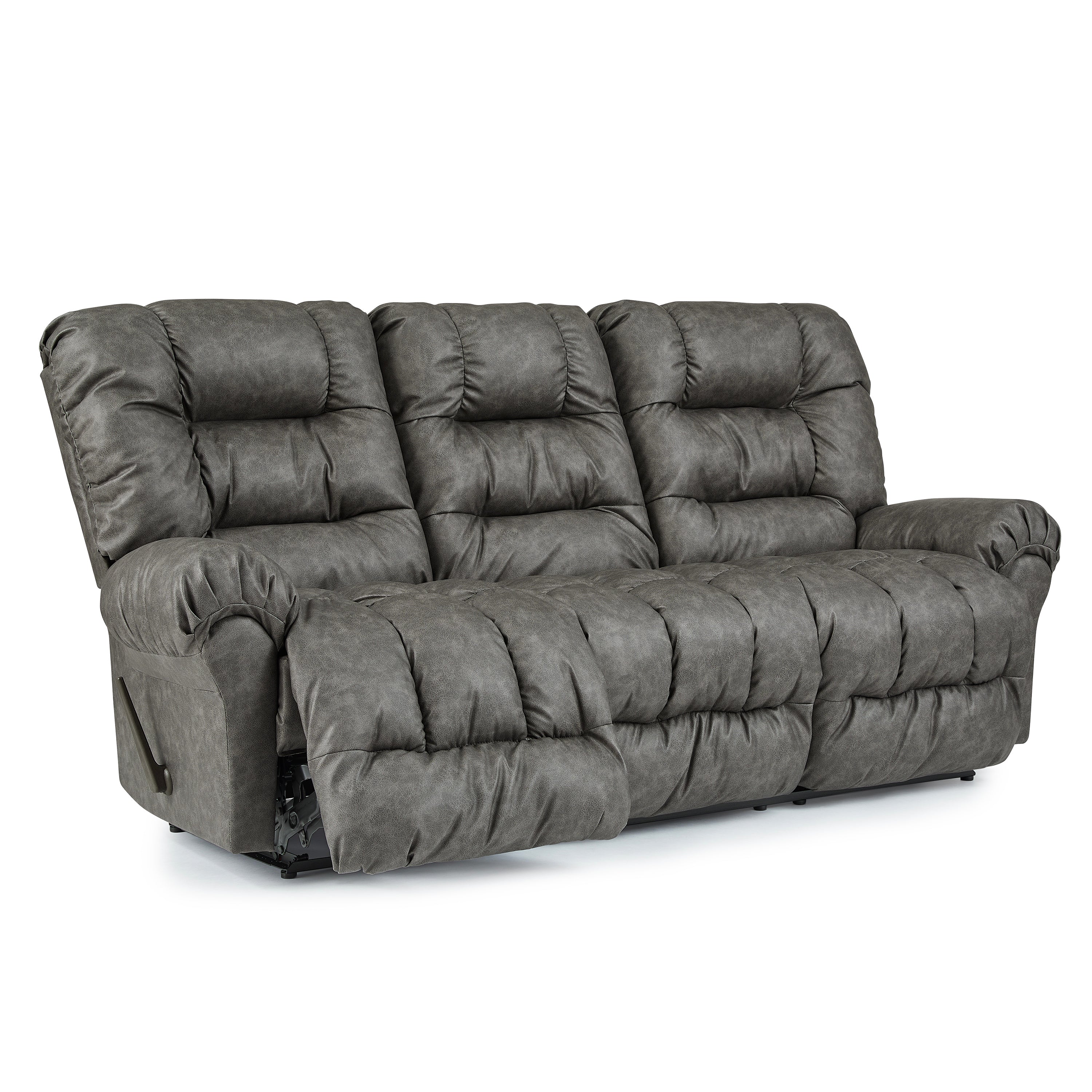 Front view of a slate colored double reclining, fire department recliners with three seats with one seat slightly reclined