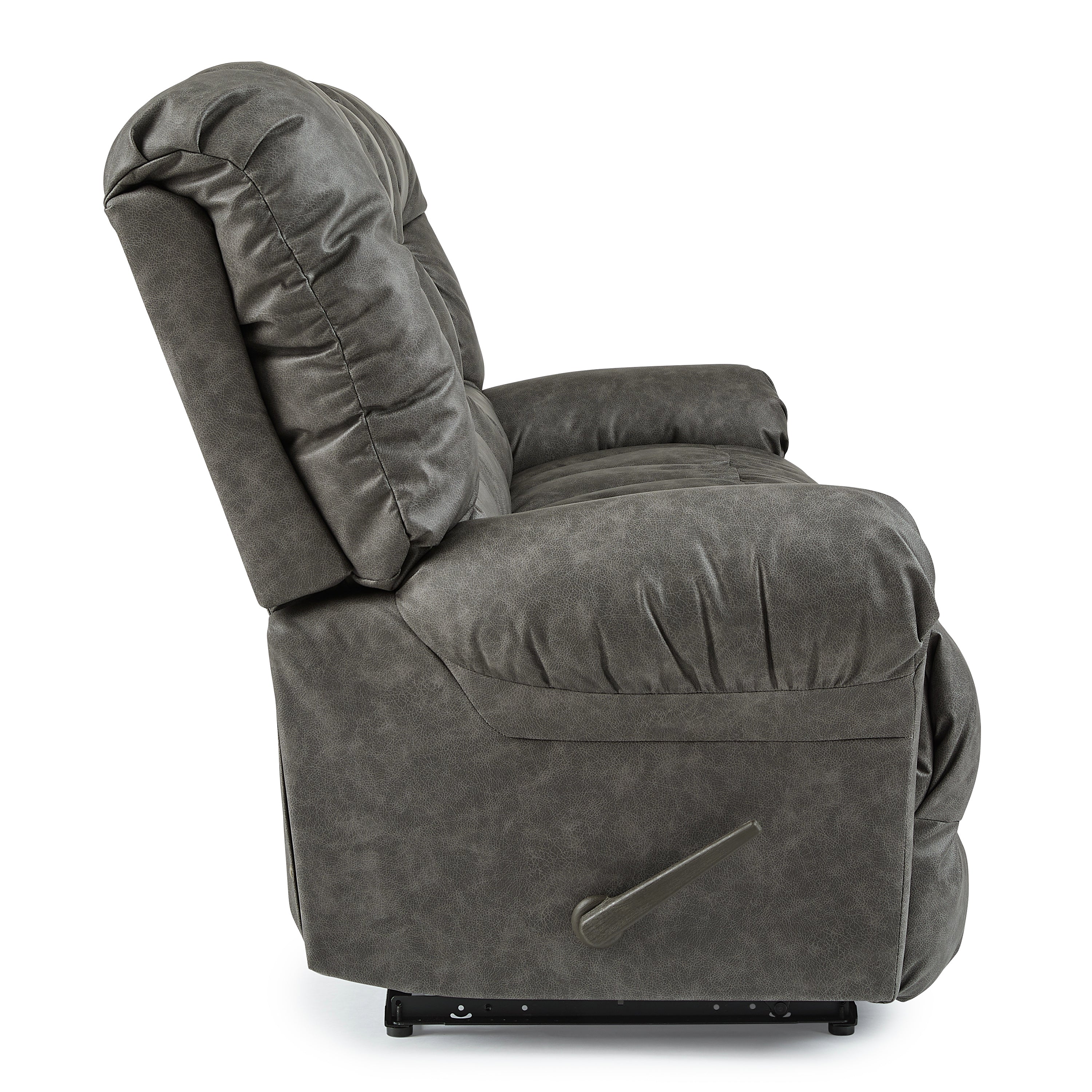 Side view of a slate colored double reclining, fire department recliners with three seats