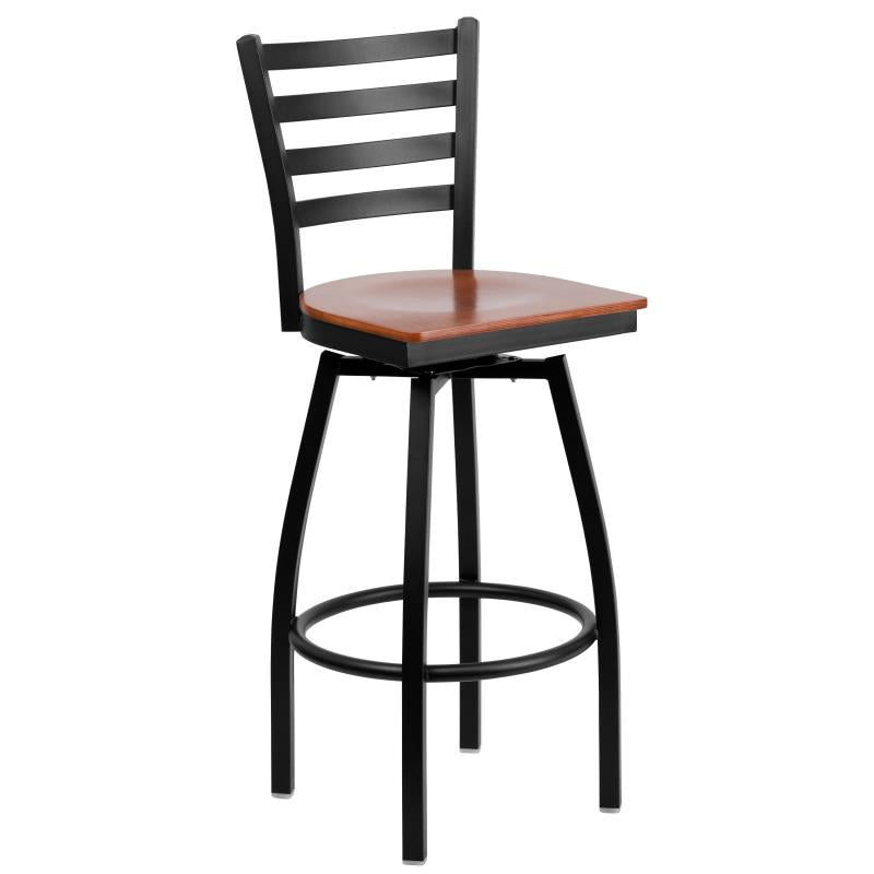 Duty-Built® Ladder-Back Metal Swivel Barstool - Wood Seat