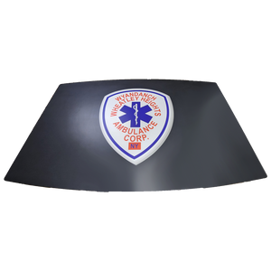 Custom firehouse table with Wyandanch Wheatly Heights Ambulance Corp. NY logo in center