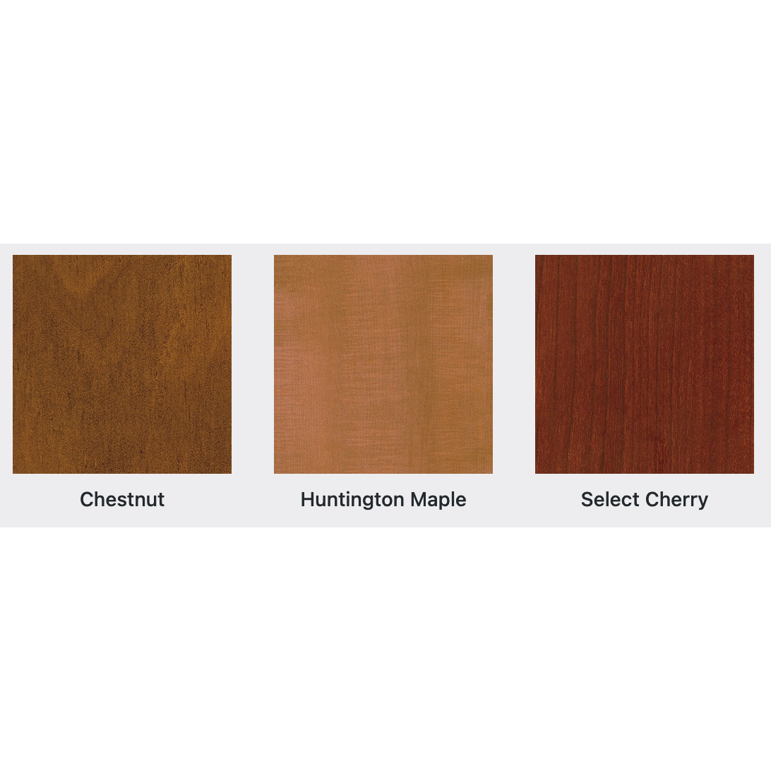 Three color swatch options for the Firehouse Collection Steel Fire Station Coffee Table including Chestnut, Huntington Maple, and Select Cherry
