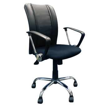 Angled side view black fire house chair with synthetic leather, armrests, and wheels