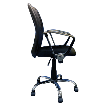 Side view black fire house chair with synthetic leather, armrests, and wheels