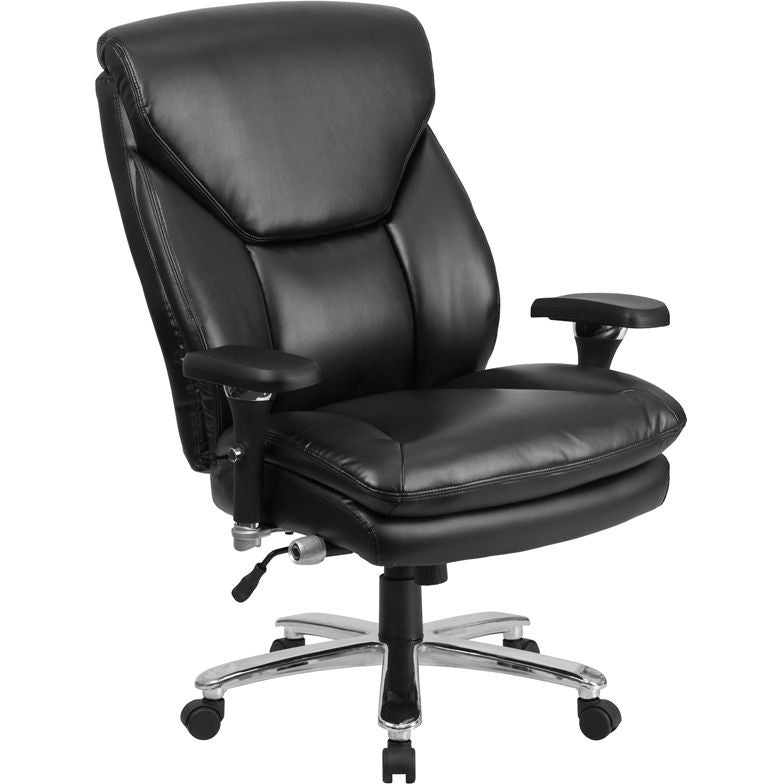 Side view of a black leather executive dispatcher chair w/lumbar adjustment and wheels