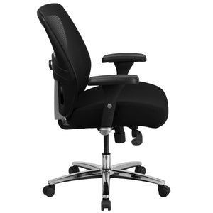 Side view of a black mesh executive ergonomic firefighter chair with a high back, padded black fabric seat on wheels