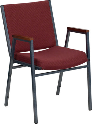 Burgundy patterned fabric heavy-duty stack fire station chair with arms and silver vein powder coated frame finish