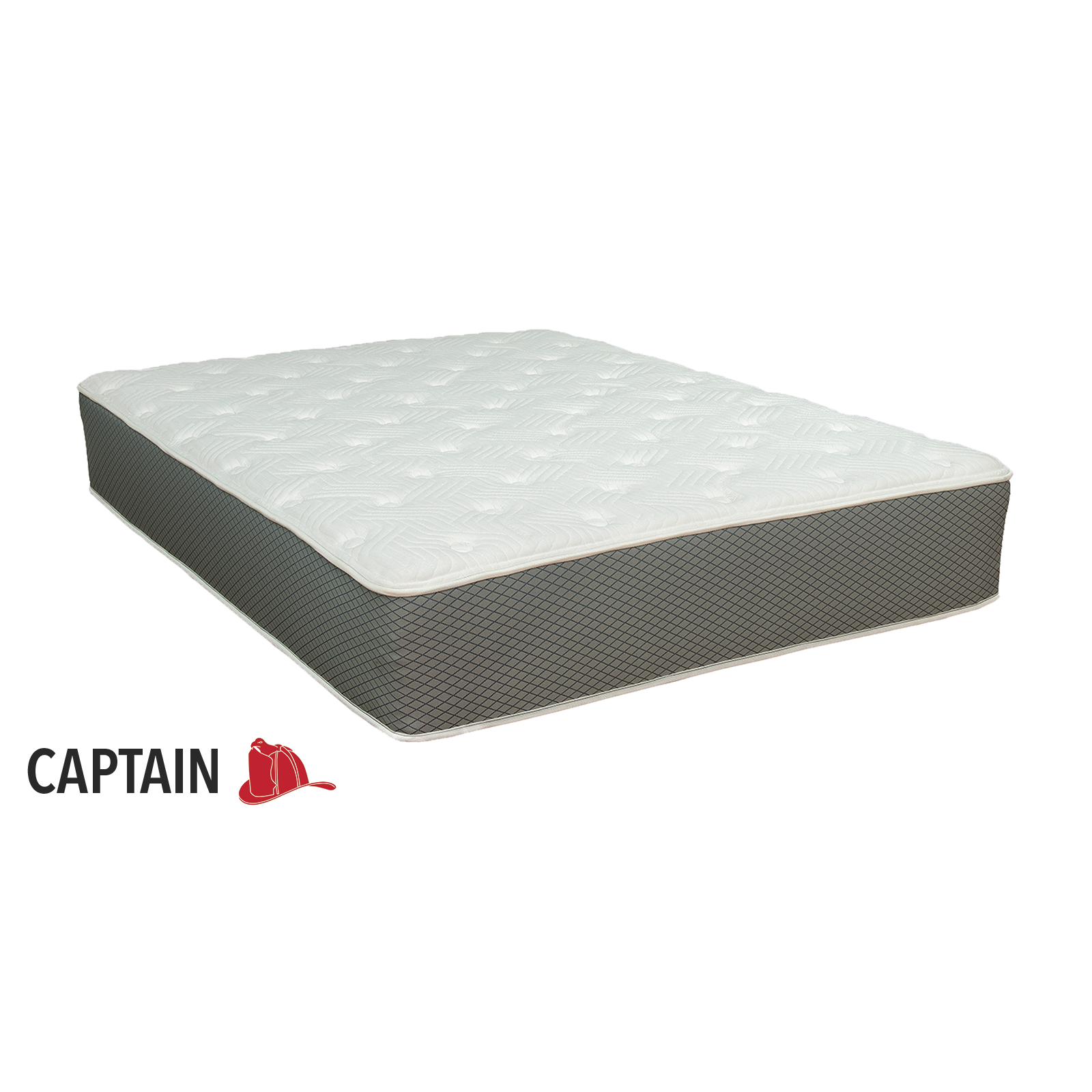 11'' all-foam firehouse mattress with latex and memory foam with Captain logo in lower left-hand corner of image