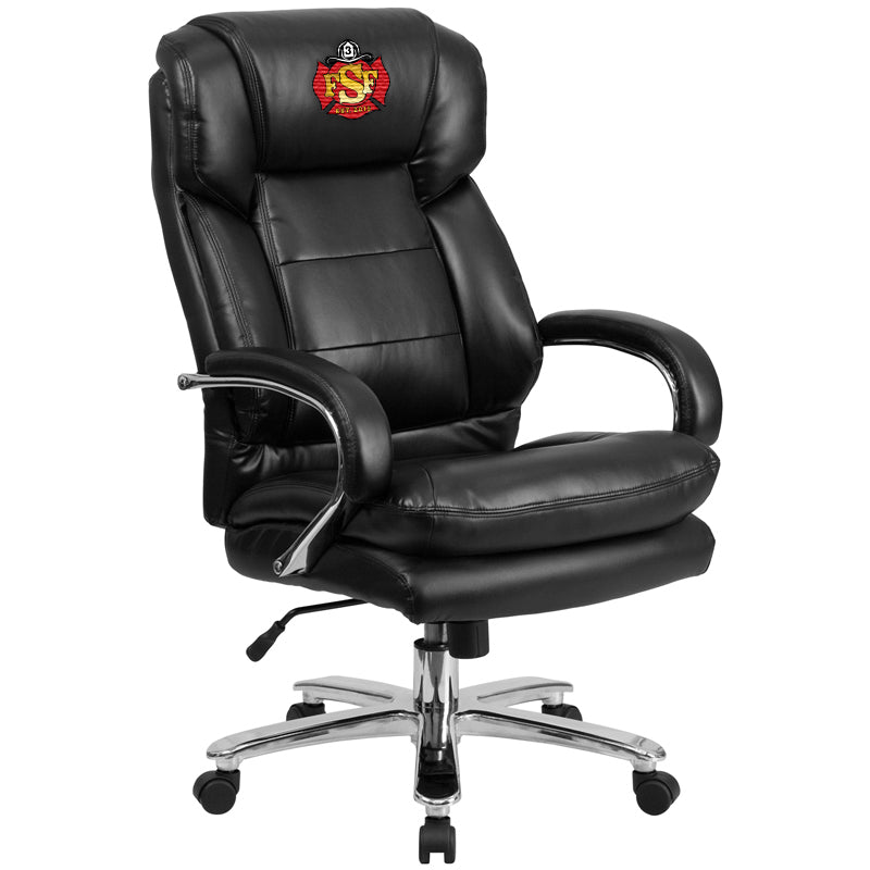 Side view of a custom embroidered firefighter chair with black bonded leather with wheels and swivel capability