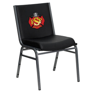 Side angled view of a custom logo firehouse chair in black with 18 gauge steel frame and silver vein powder coated frame finish