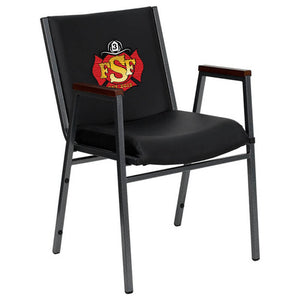 Angled side view of black vinyl, heavy-duty stack, custom fire station chair with arms and silver vein powder coated frame finish