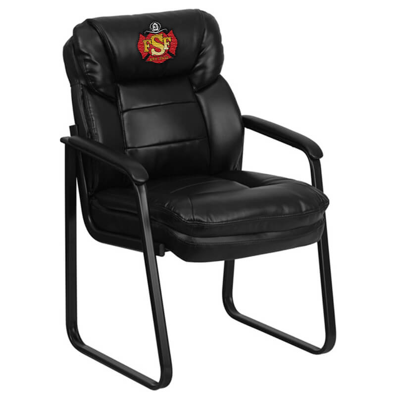 Side view of black, custom embroidered executive side reception firehouse chair with sled base