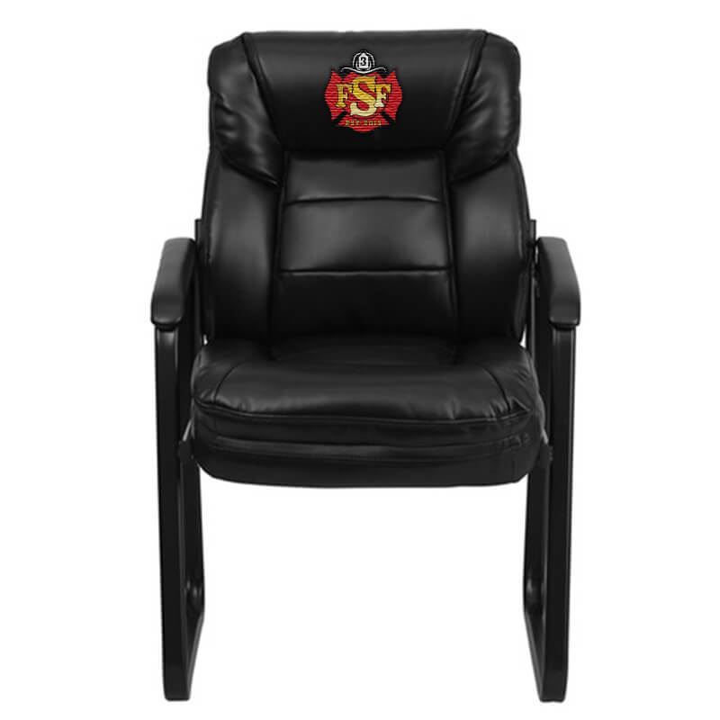 Front view of black, custom embroidered executive side reception firehouse chair with sled base