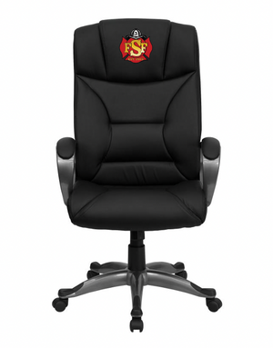 Front view of custom embroidered fire station chair with high-back and loop arms