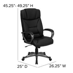 Angled side view of a black High-Back Executive Swivel Office Dispatcher Chair with Loop Arms with dimensions listed 45.25''-49.25'' H, 25'' D, 26.25'' W