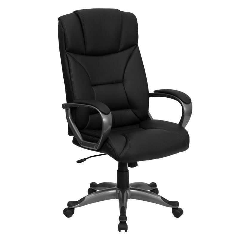 Angled side view of a black High-Back Executive Swivel Office Dispatcher Chair with Loop Arms