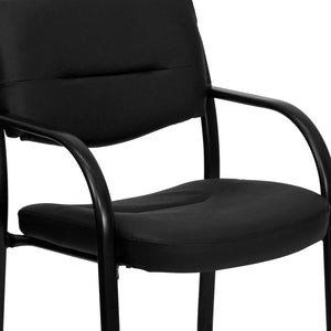 Close up of a black sled base fire station chair with plastic armrests and black vinyl upholstery