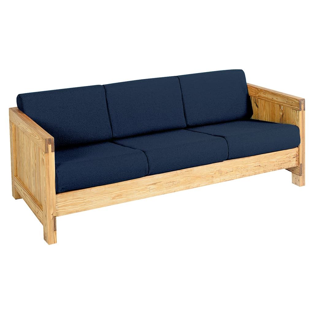 Wooden firehouse sofa with three seats and navy cushions