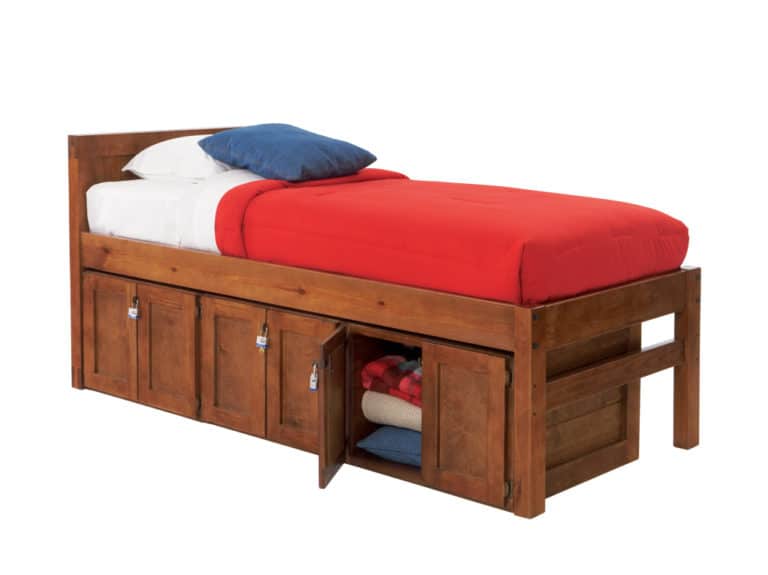 Solid-wood firehouse bed with storage lockers beneath the bed