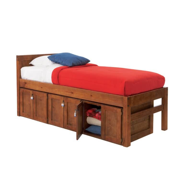 Solid-wood firehouse bed with storage lockers beneath the bed