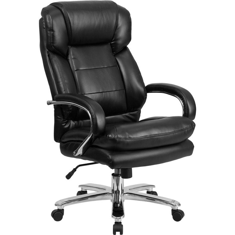 Side view of a black leather executive firehouse chair with loop arms and swivel capability on wheels