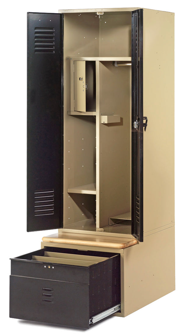 Patriot Metal Duty Locker for fire station, open to reveal shelves and drawer space
