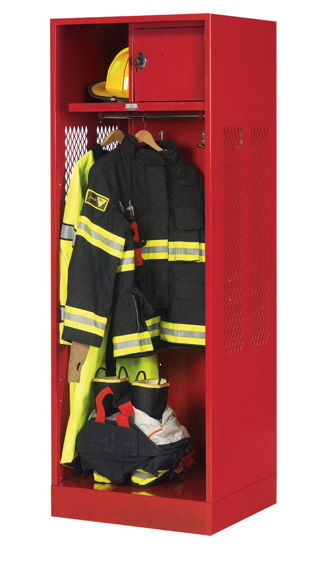 Red, metal fire station wardrobe lockers with firman gear inside