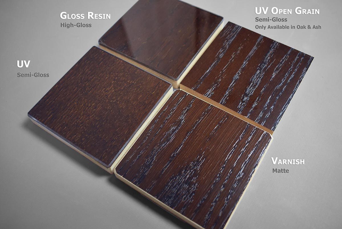The custom firehouse dining table is available in the following finishes: uv semi-gloss, gloss resin high gloss, uv open grain semi-gloss, and varnish matte