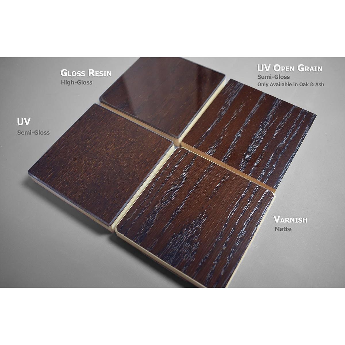 The custom firehouse dining table is available in the following finishes: uv semi-gloss, gloss resin high gloss, uv open grain semi-gloss, and varnish matte