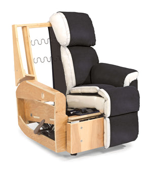 Inside view of the fireman recliner made with a metal seat box, plywood frame, and hospitality-grade synthetic leather.