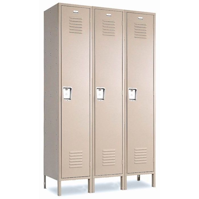 Three single tier metal fire station gear lockers