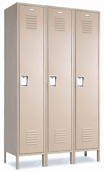 Three single tier metal fire station gear lockers