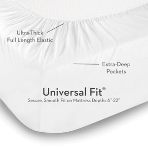 Woven Tencel Lyocell Sheet Set for the firehouse showing the universal fit of the mattress, ultra-thick full-length elastic, and extra-deep pockets