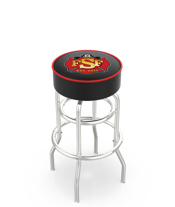 Custom firefighter barstool for the fire department with double ring swivel and logo printed on padded seat