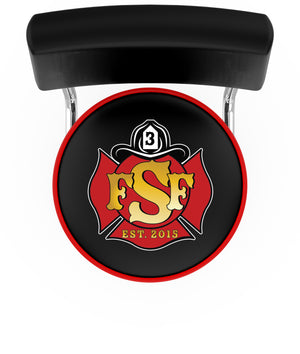 Top view of custom firehouse barstool with back for the fire department with double ring swivel and logo printed on padded seat