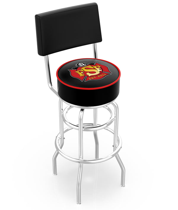 Custom firehouse barstool with back for the fire department with double ring swivel and logo printed on padded seat