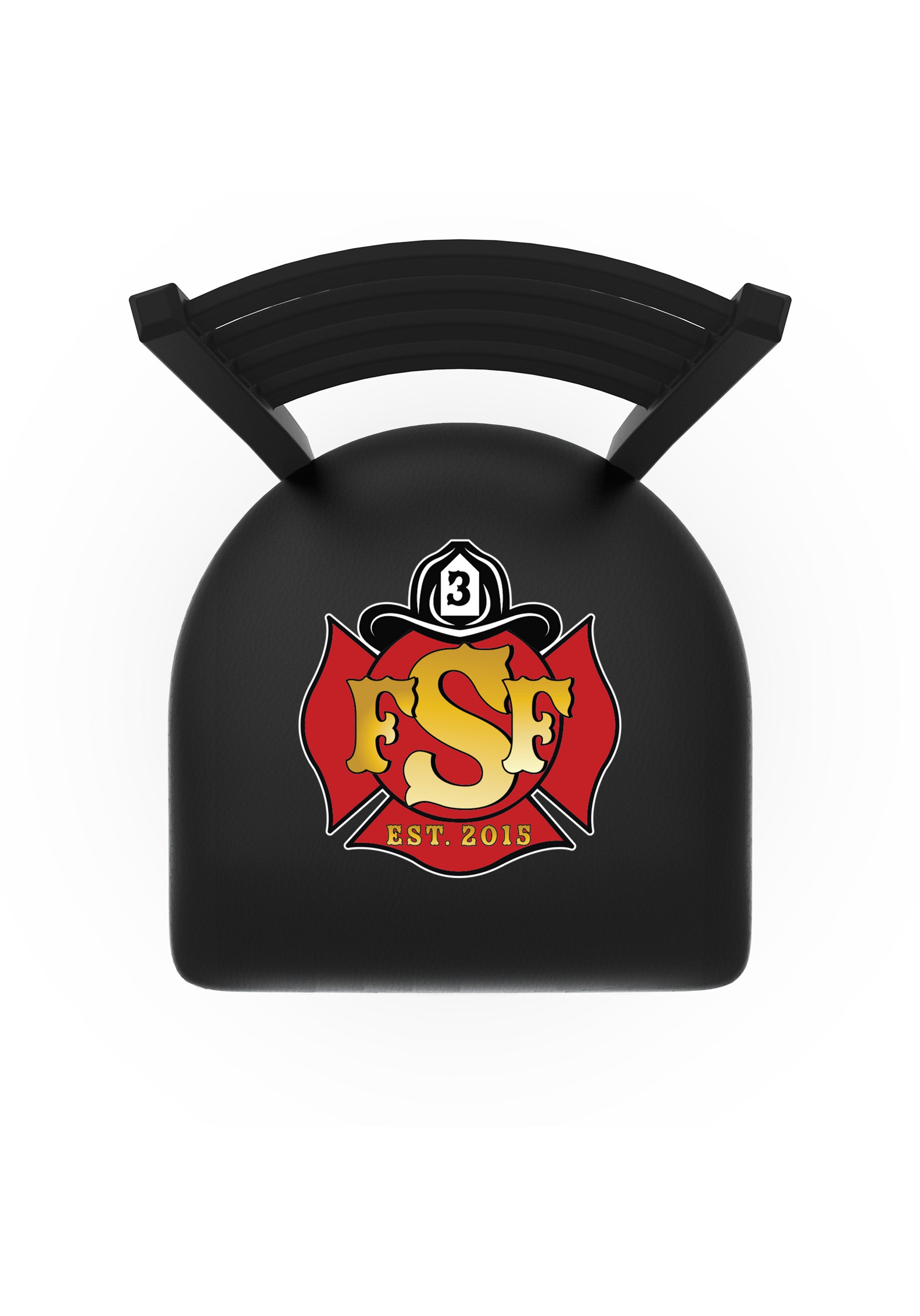Top view of black custom ladder-back swivel fire station barstool with logo on padded seat