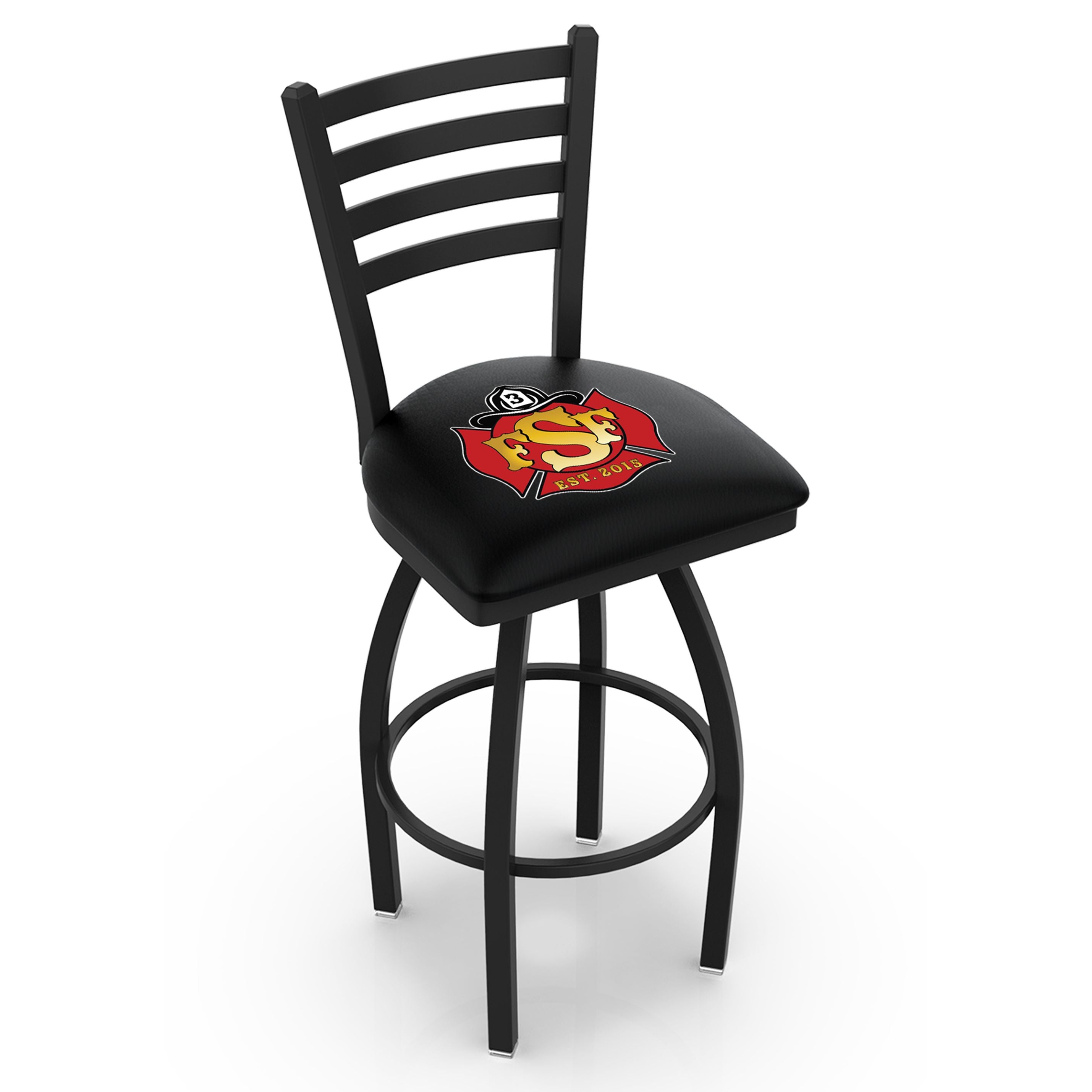 Black custom ladder-back swivel fire station barstool with logo on padded seat