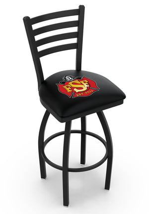Black custom ladder-back swivel fire station barstool with logo on padded seat